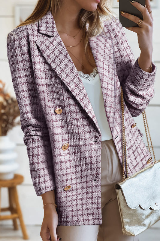 Pink Plaid Tweed Blazer Women’s Double Breasted Gold Button Jacket Chic Office Layer