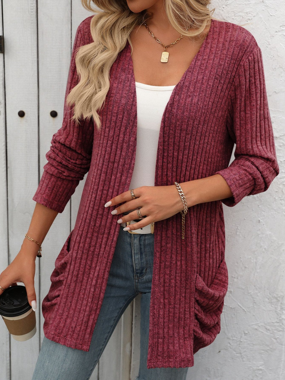 Open Front Long Sleeve Ribbed Cardigan - Scarlett's Riverside Boutique 