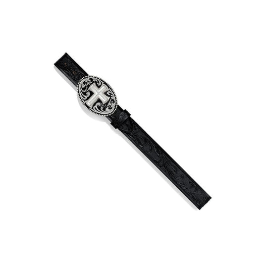 Tony Lama Black Tooled Leather Western Belt Cross Silver Buckle Size 36 Made USA