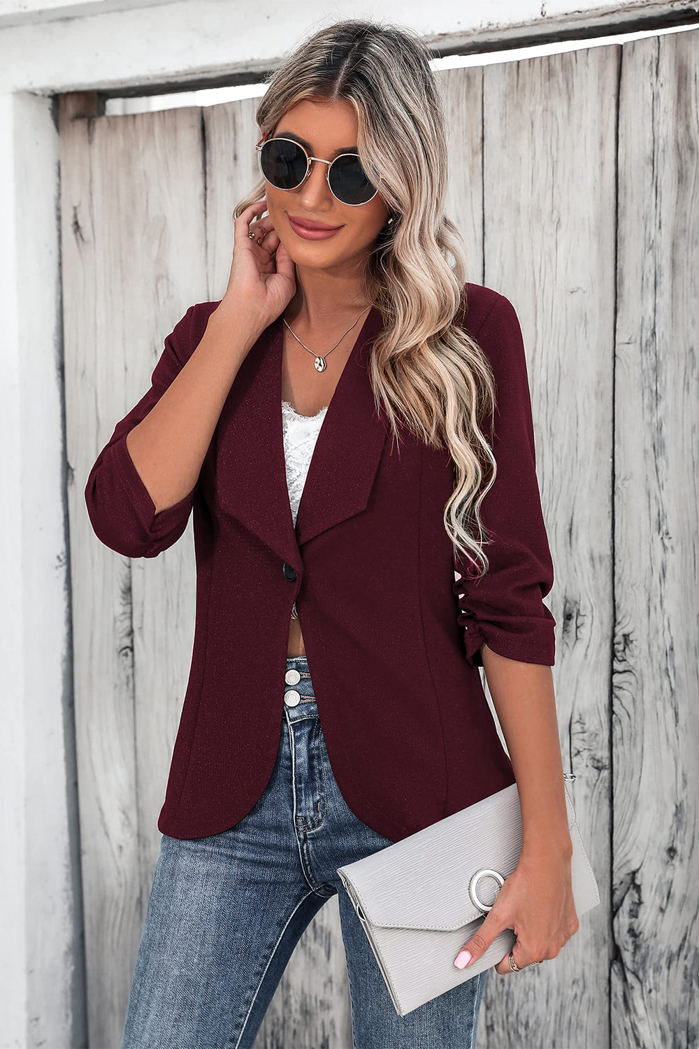 One Button Collared Neck Ruched Sleeve Blazer - Scarlett's Riverside Boutique 