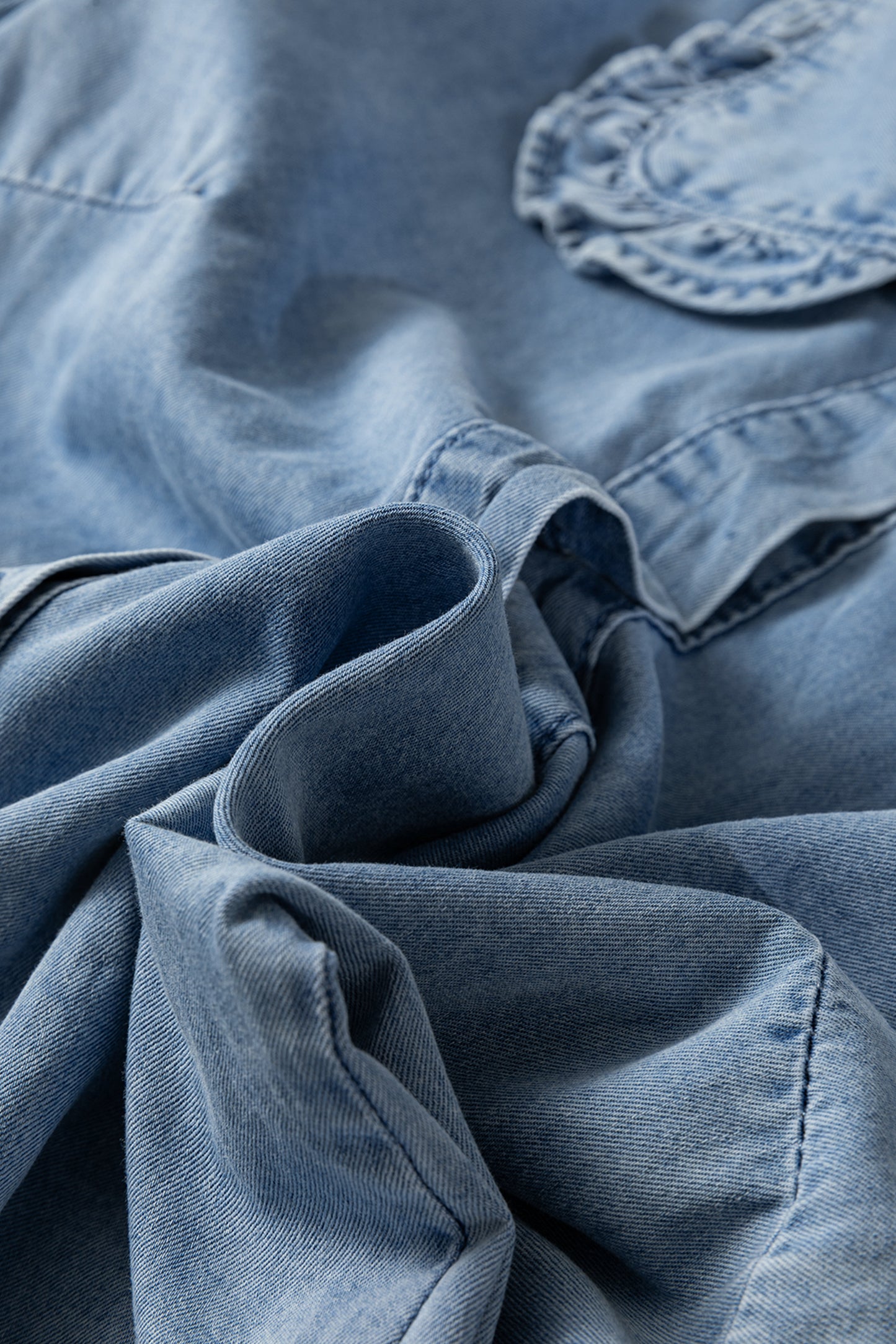 Beau Blue Ruffled Peter Pan Collar Western Denim Shirt. 100 % cotton