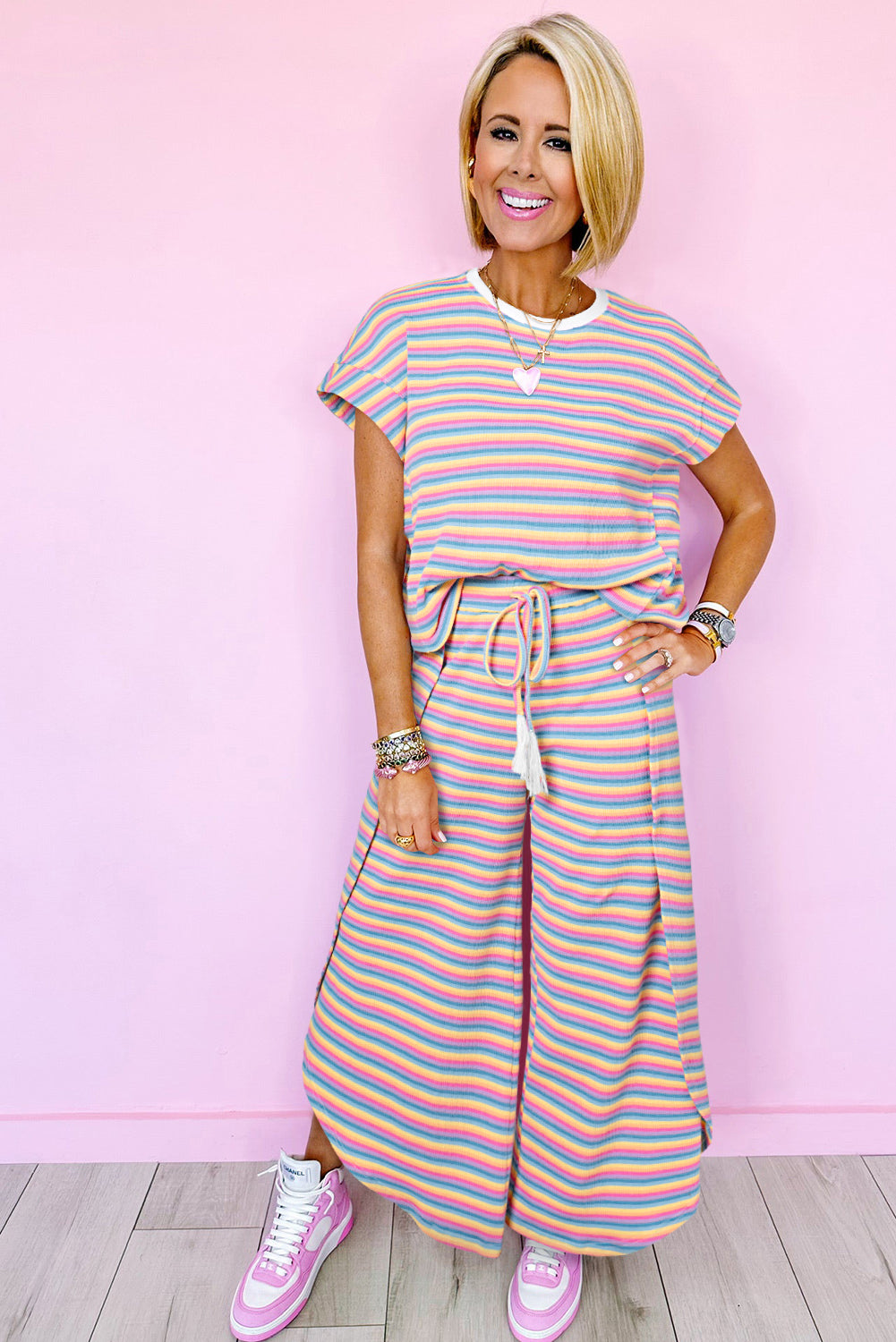 Pink Stripe Rainbow Tee Tasseled String Wide Leg Pants Set - Scarlett's Riverside Boutique 