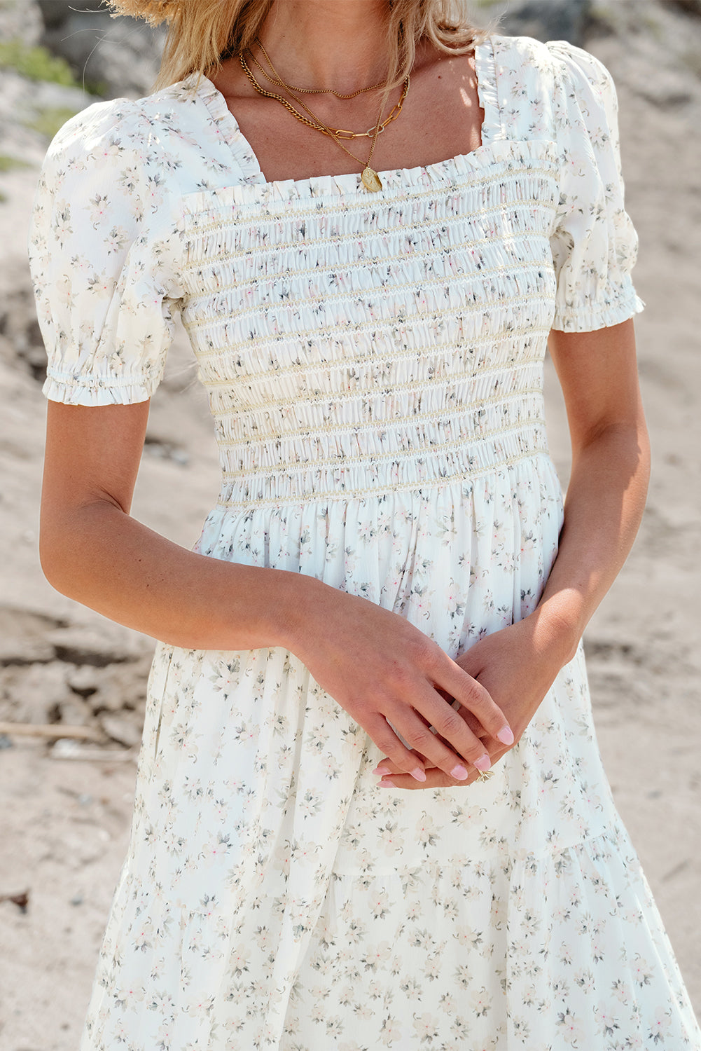 White Frilly Shirred Bodice Tiered Floral Maxi Dress - Scarlett's Riverside Boutique 