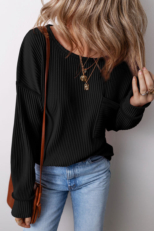 Pocketed Round Neck Long Sleeve Top - Scarlett's Riverside Boutique 