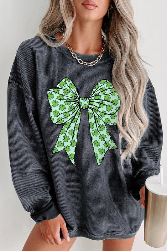 Gray Clover Bowknot Graphic Corded Pullover Sweatshirt