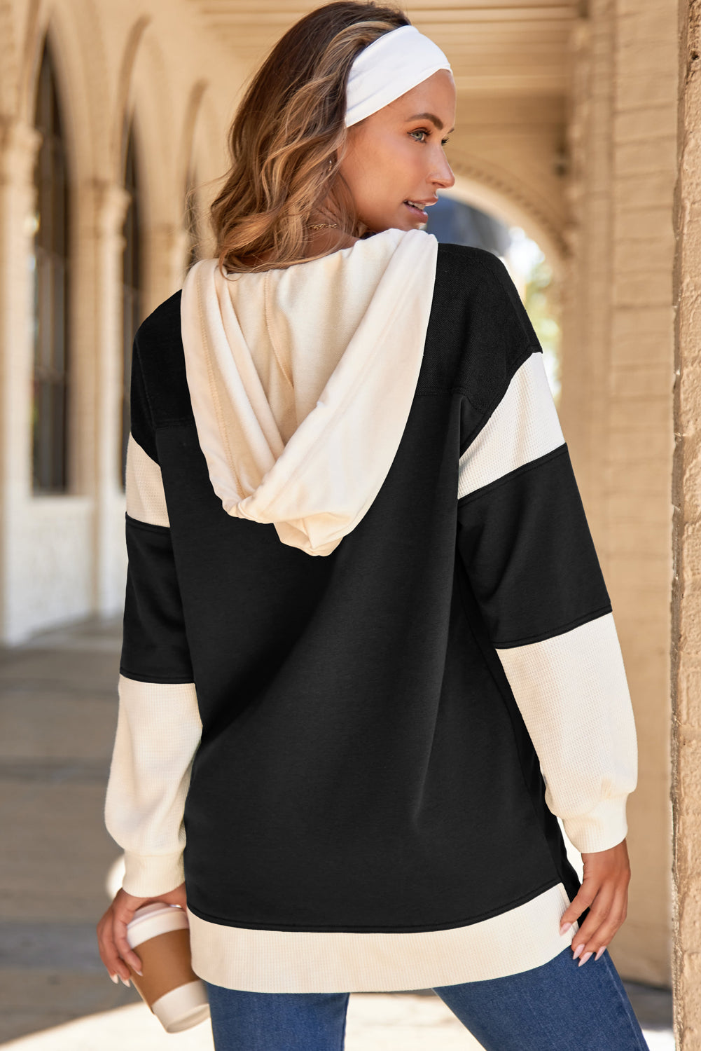 Waffle Contrast Knit Color Block Patchwork Button Front Oversize Hoodie