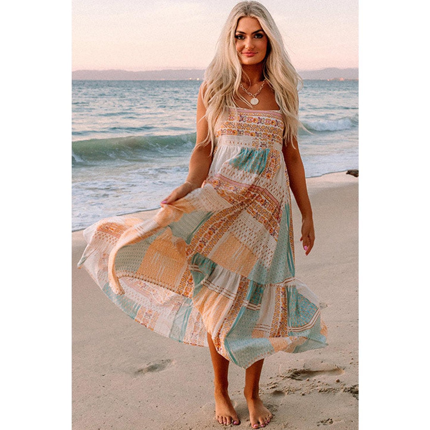 Multicolor Boho Patchwork Print Square Neck Sundress Bohemian Casual Maxi Spaghetti