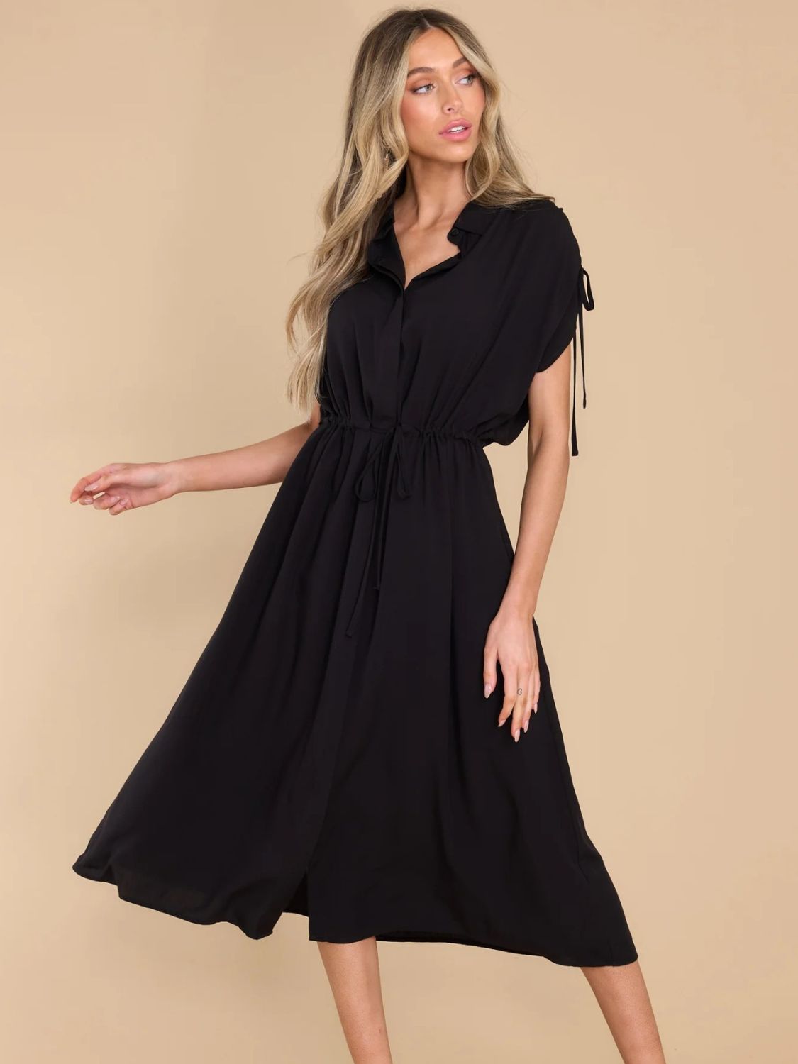 Drawstring Collared Neck Short Sleeve Midi Dress - Scarlett's Riverside Boutique 