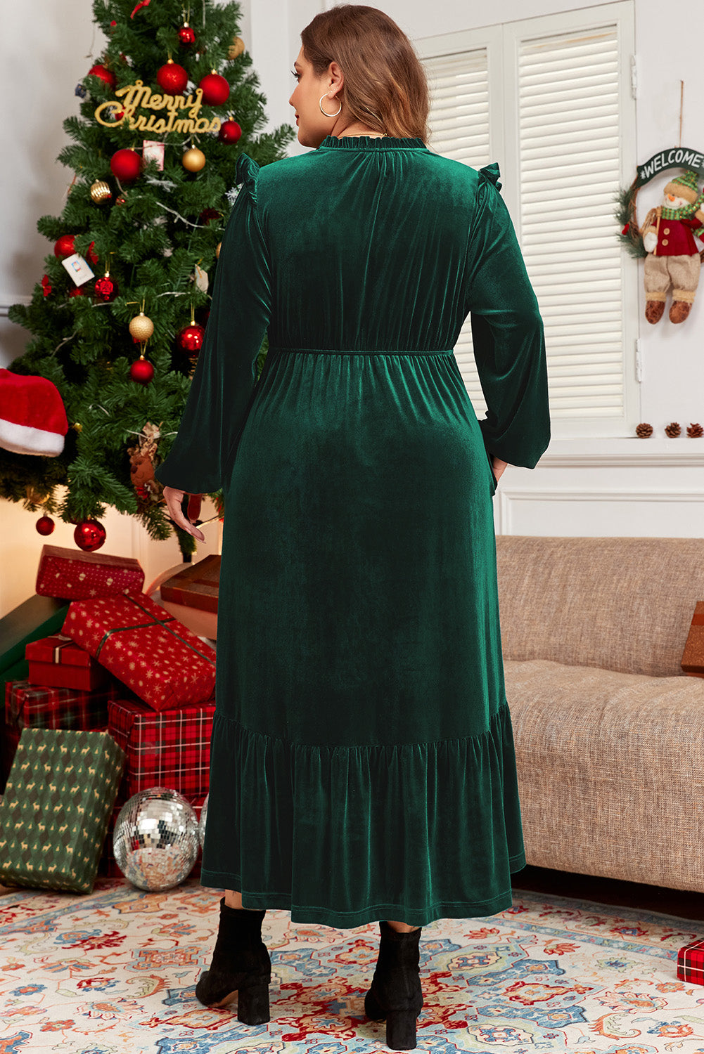 Blackish Green Velvet Frilled up Neck Ruffled High Waist Plus Size Midi Dress - Scarlett's Riverside Boutique 