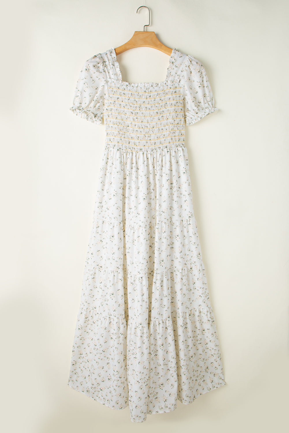 White Frilly Shirred Bodice Tiered Floral Maxi Dress - Scarlett's Riverside Boutique 