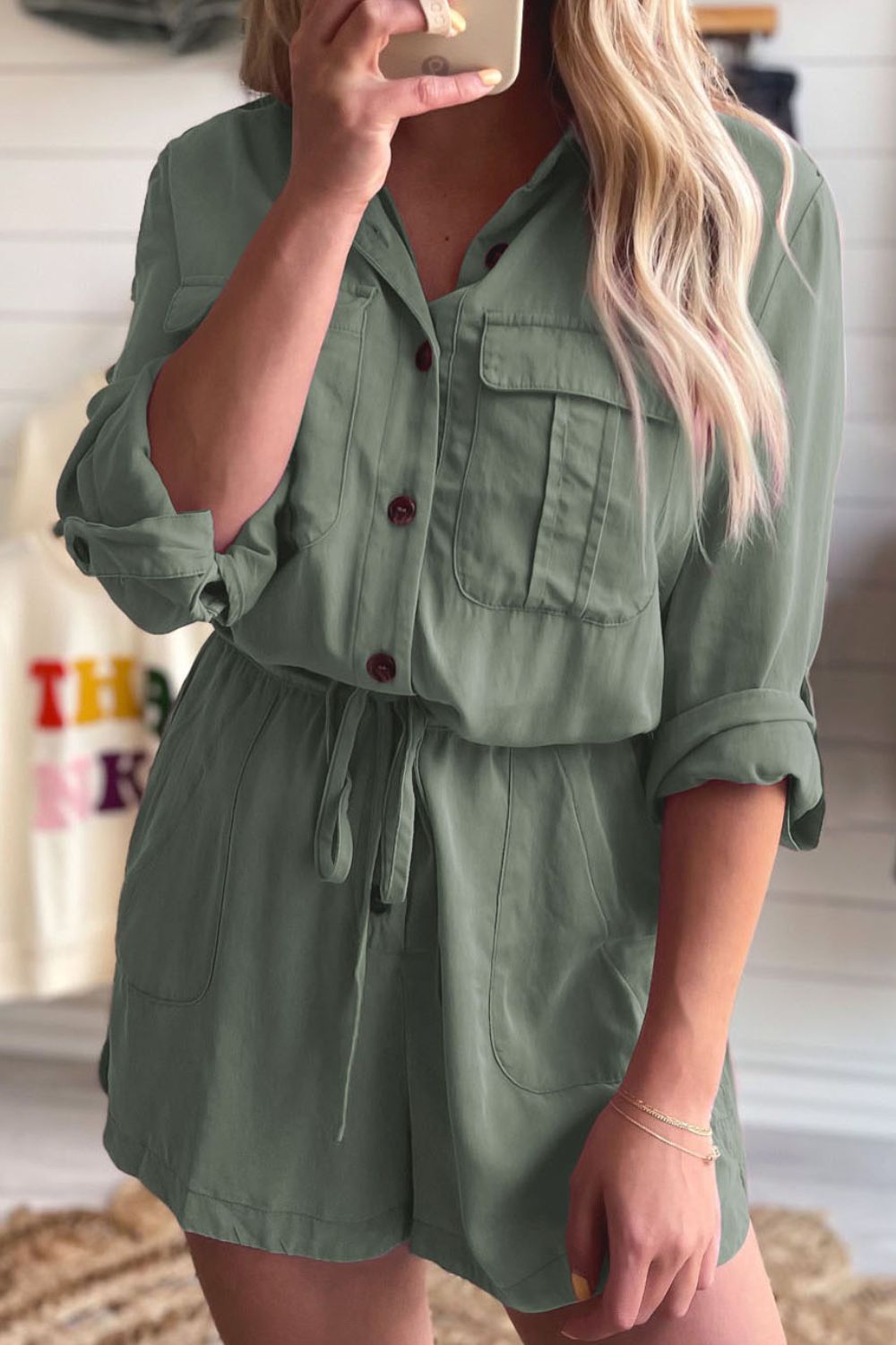 Collared Neck Drawstring Roll-Tab Sleeve Romper - Scarlett's Riverside Boutique 