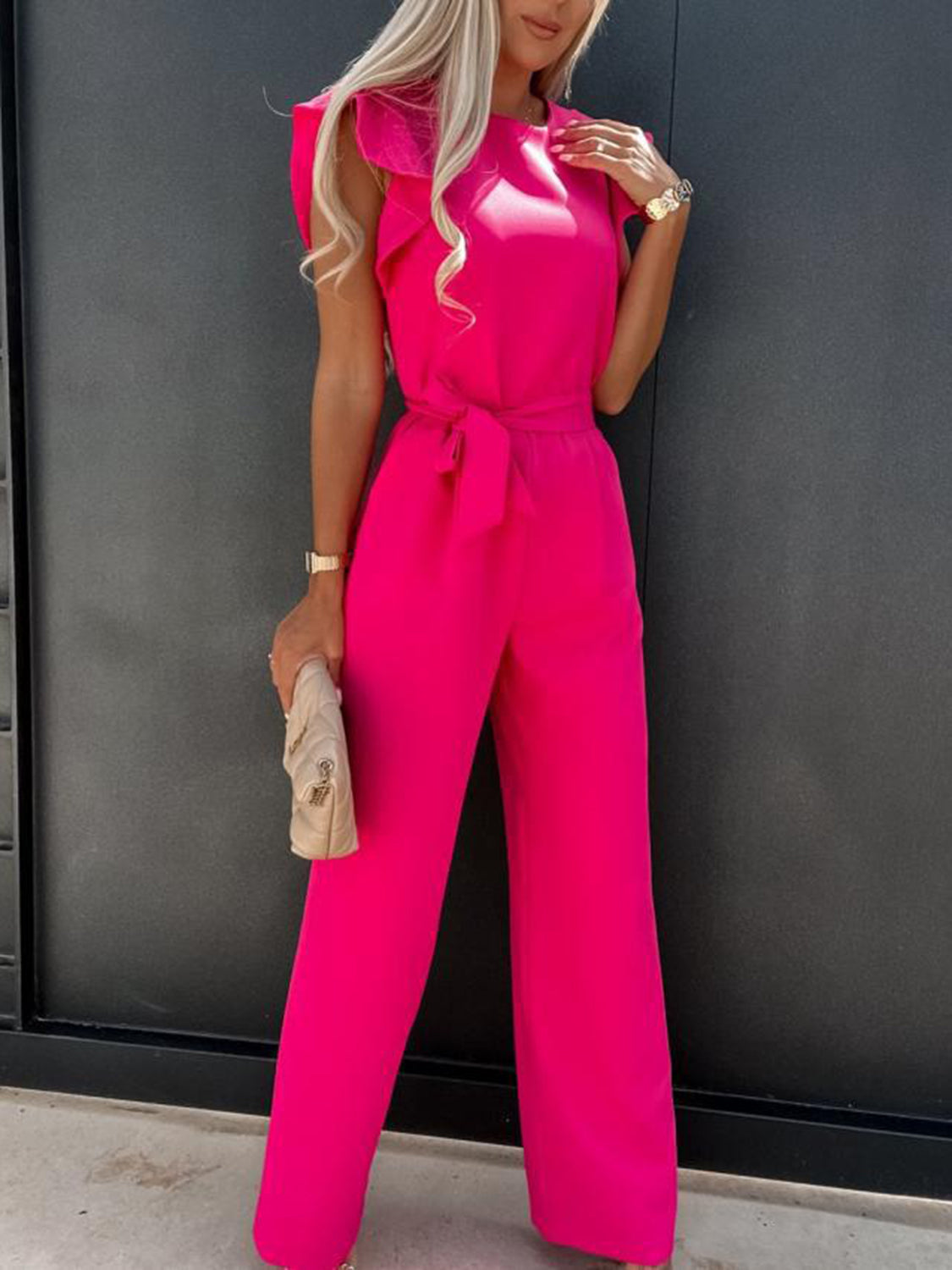 Ruffled Round Neck Cap Sleeve Jumpsuit - Scarlett's Riverside Boutique 