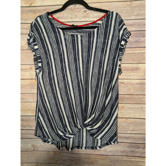 Striped Twist Front Top Short Sleeve Blue White Blouse Casual Lightweight Sz. M