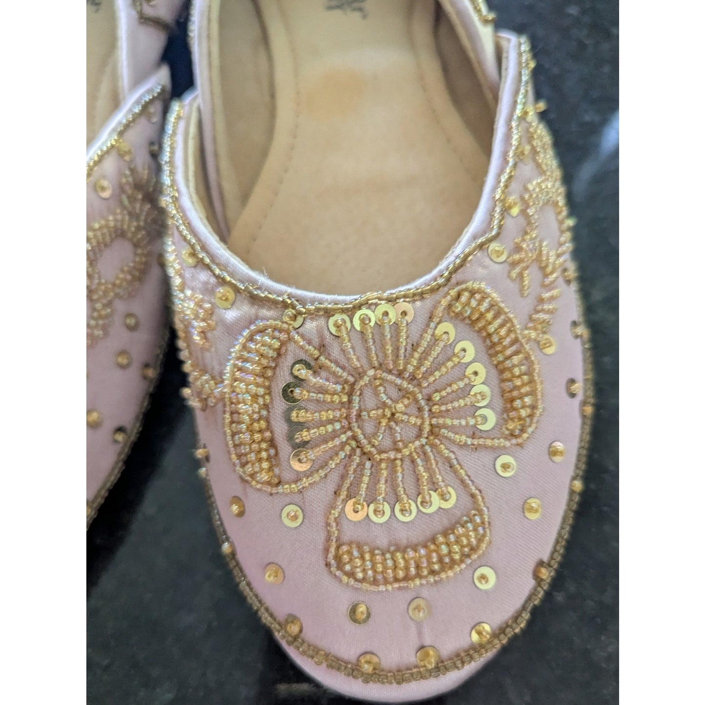 Flirty People Pink Gold Beaded Ballet Flats Women’s Slip On Sequin Embellished