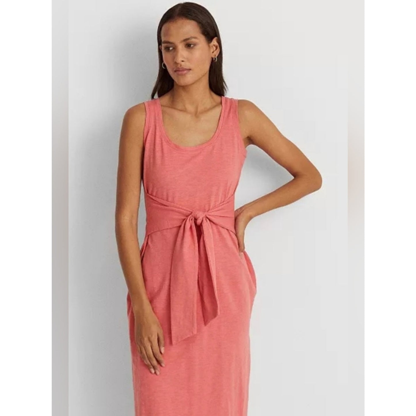 Ralph Lauren Coral Sleeveless Midi Dress Size 8 Tie Waist Side Slit Casual