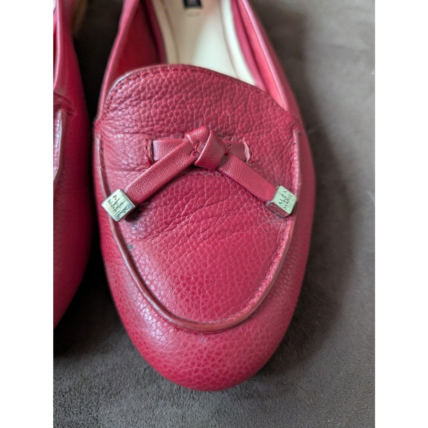 Alex Marie Red Pebbled Leather Loafers Bow Detail Slip On Flats Women’s 6.5