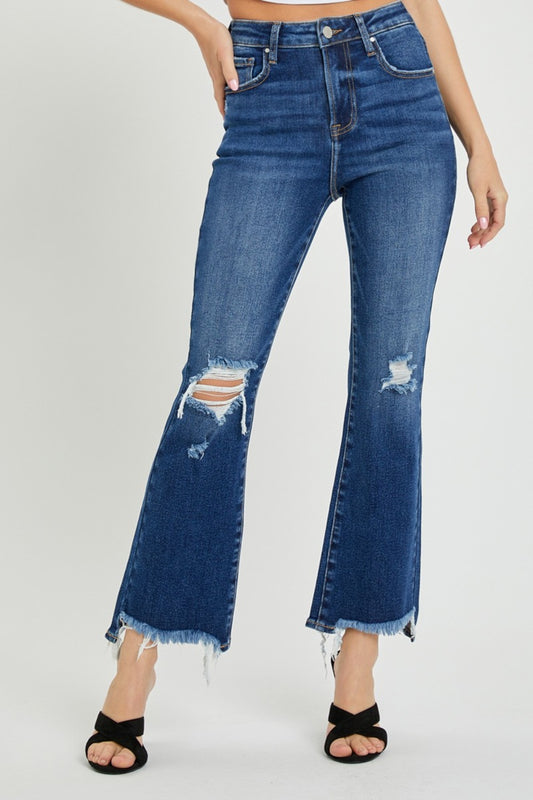 Cropped RISEN jeans. High Rise Distressed Crop Flare Jeans