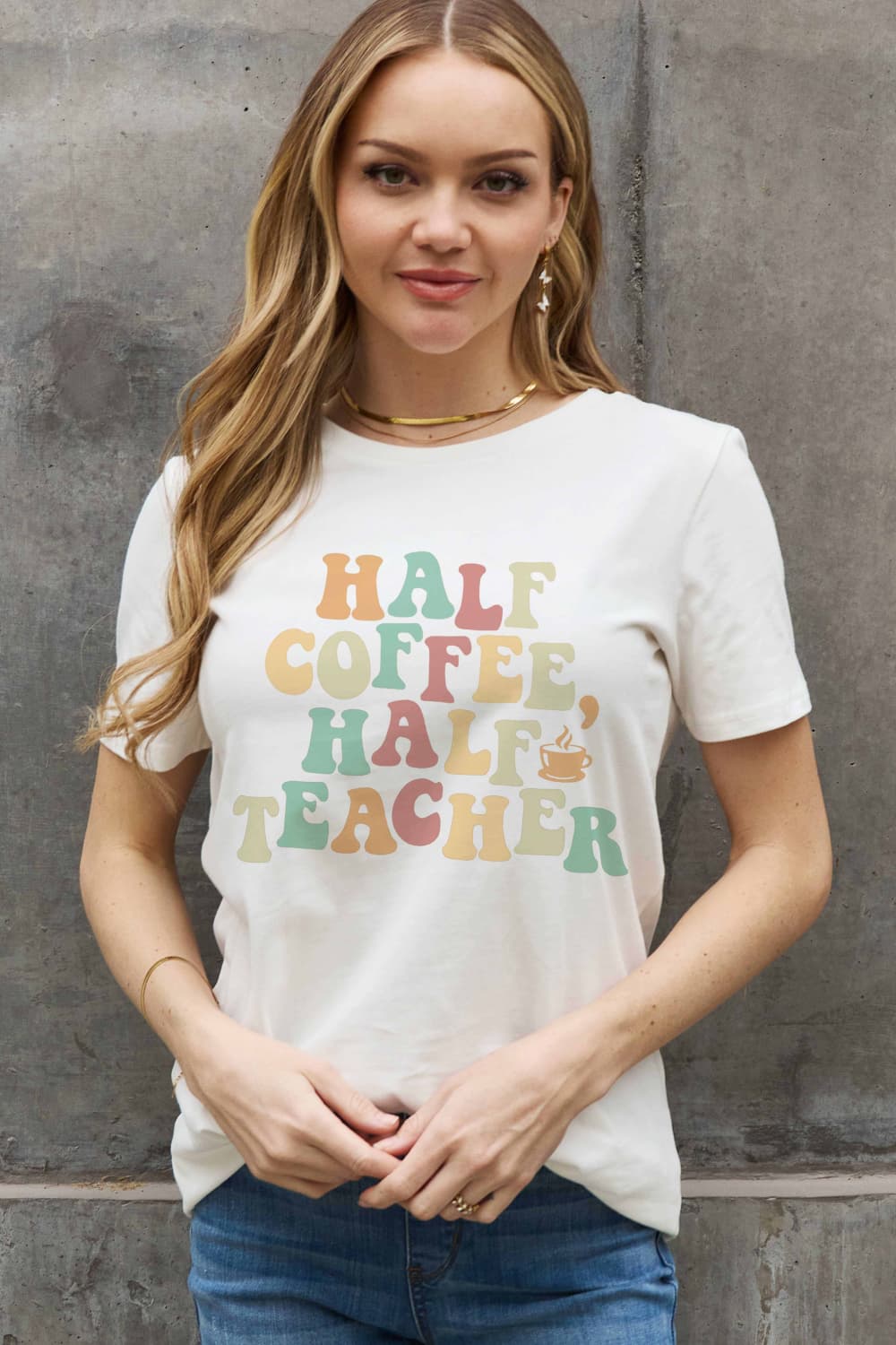 Simply Love Full Size HALF COFFEE HALF TEACHER Graphic Cotton Tee - Scarlett's Riverside Boutique 