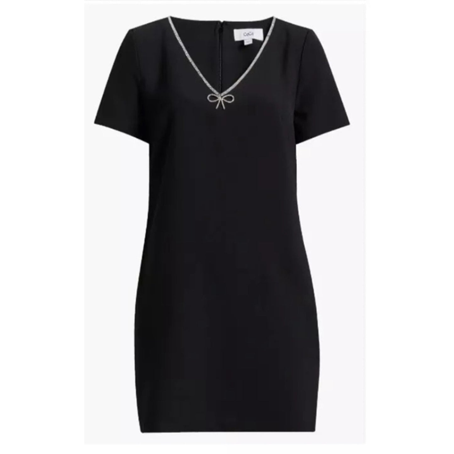 CeCe NWT Black Rhinestone Bow Sheath Dress | Short Sleeve V-Neck | Size 6