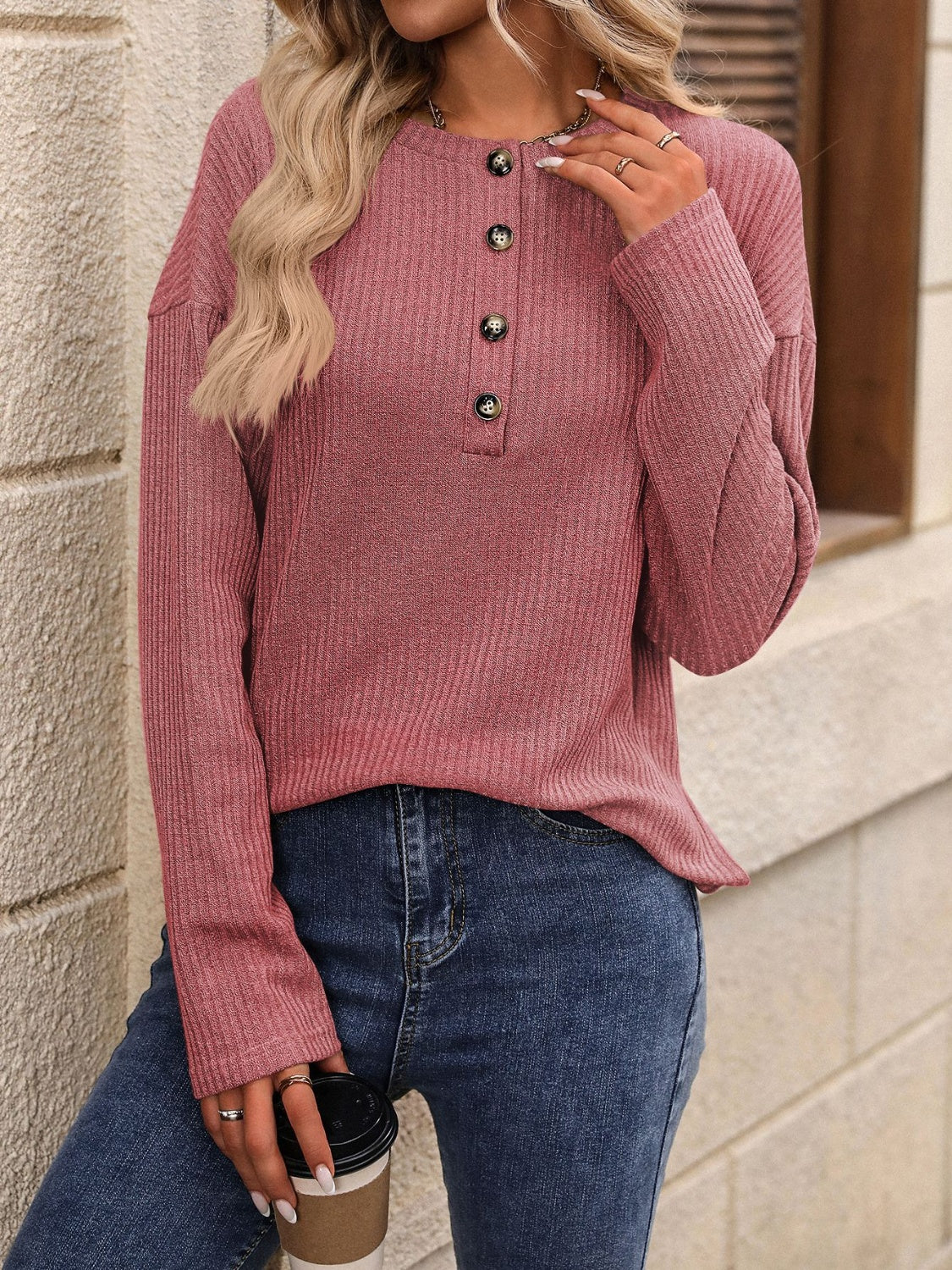 Half Button Long Sleeve T-Shirt - Scarlett's Riverside Boutique 