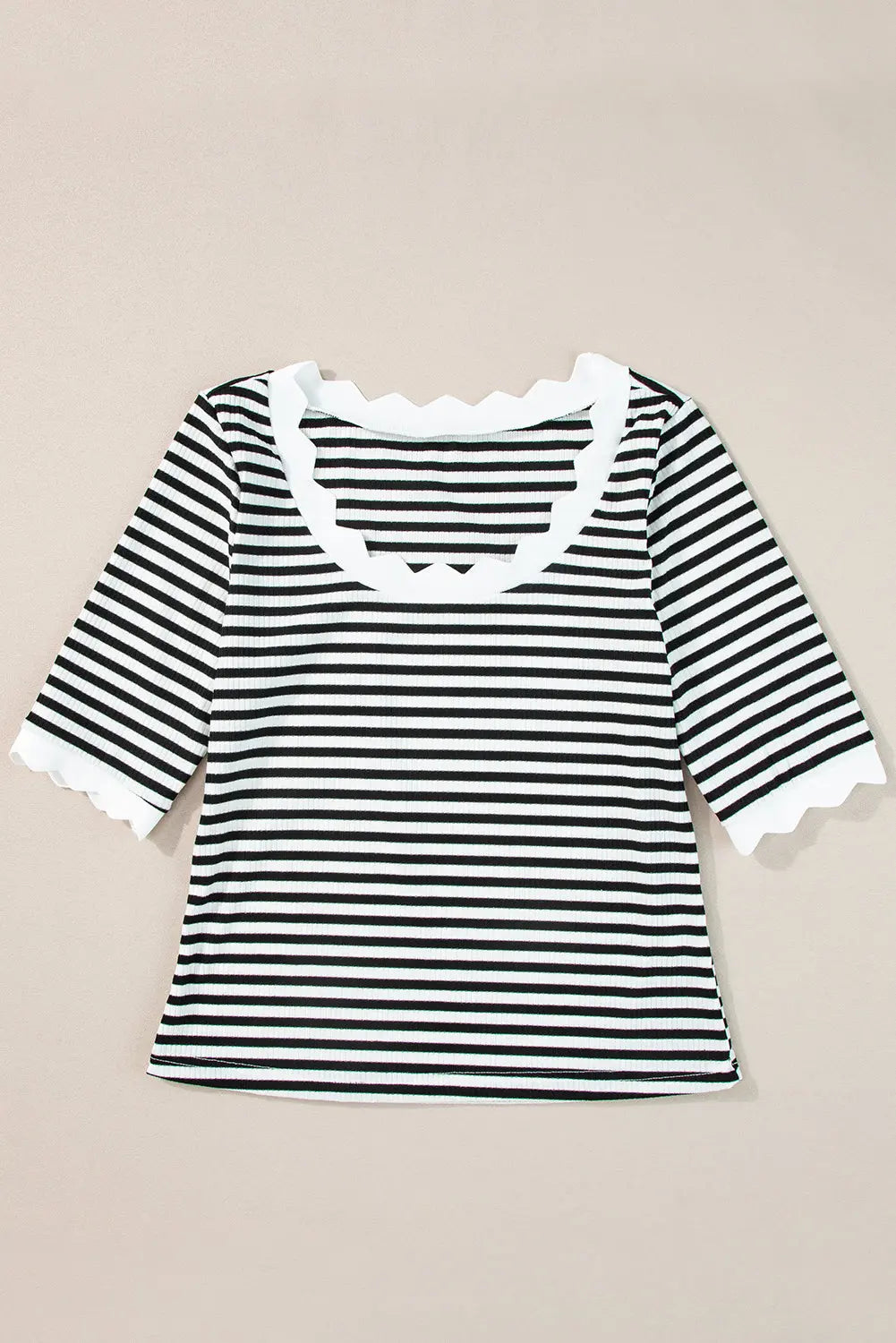 Black Striped Contrast Scallop Trim Half Sleeve T-shirt - Scarlett's Riverside Boutique 