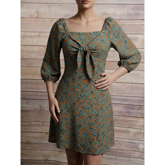 Pink Lily Cottagecore Dress Womens Small Rust Blue Puff Sleeve Tie Front Boho