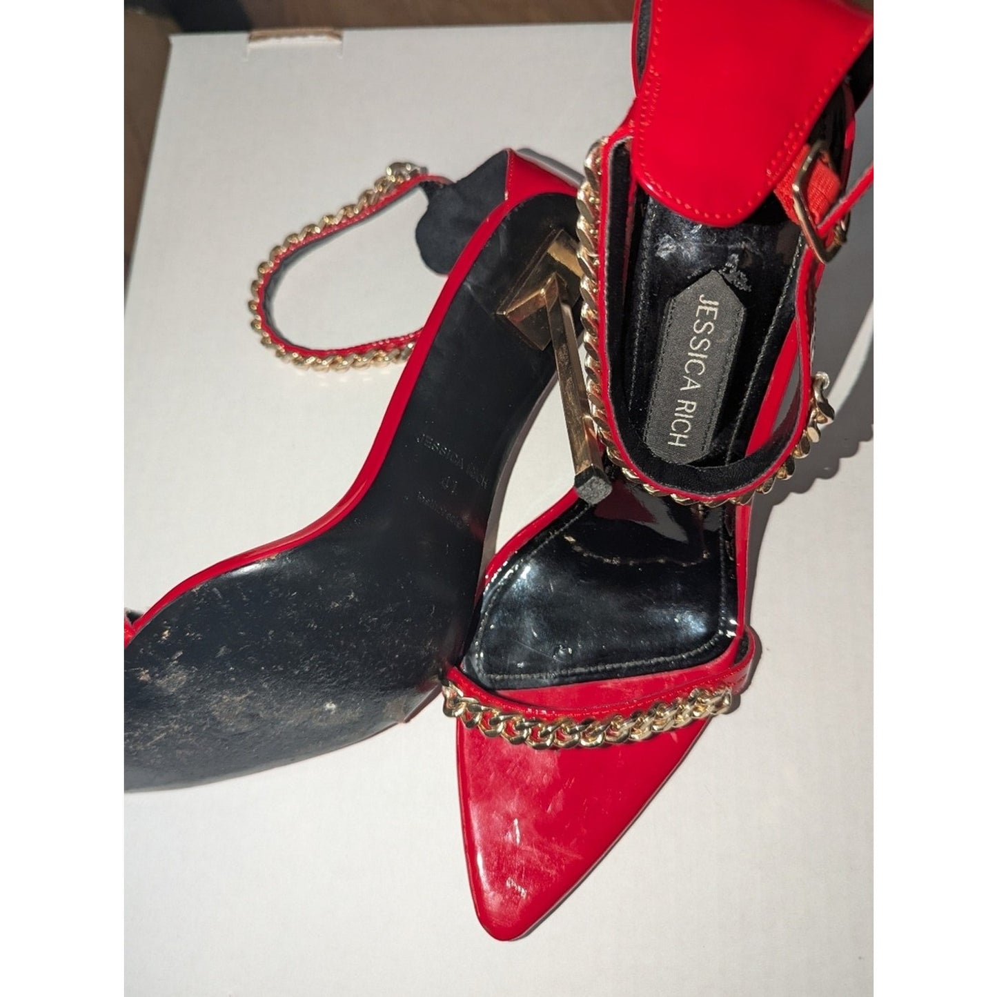 Jessica Rich Red Patent Chain Strap Stiletto Heels Women’s EU 41 Pointed Toe Pum