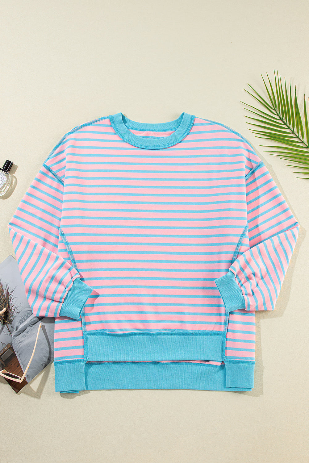 Pink Stripe Contrast Trim High Low Pullover Tunic Sweatshirt - Scarlett's Riverside Boutique 