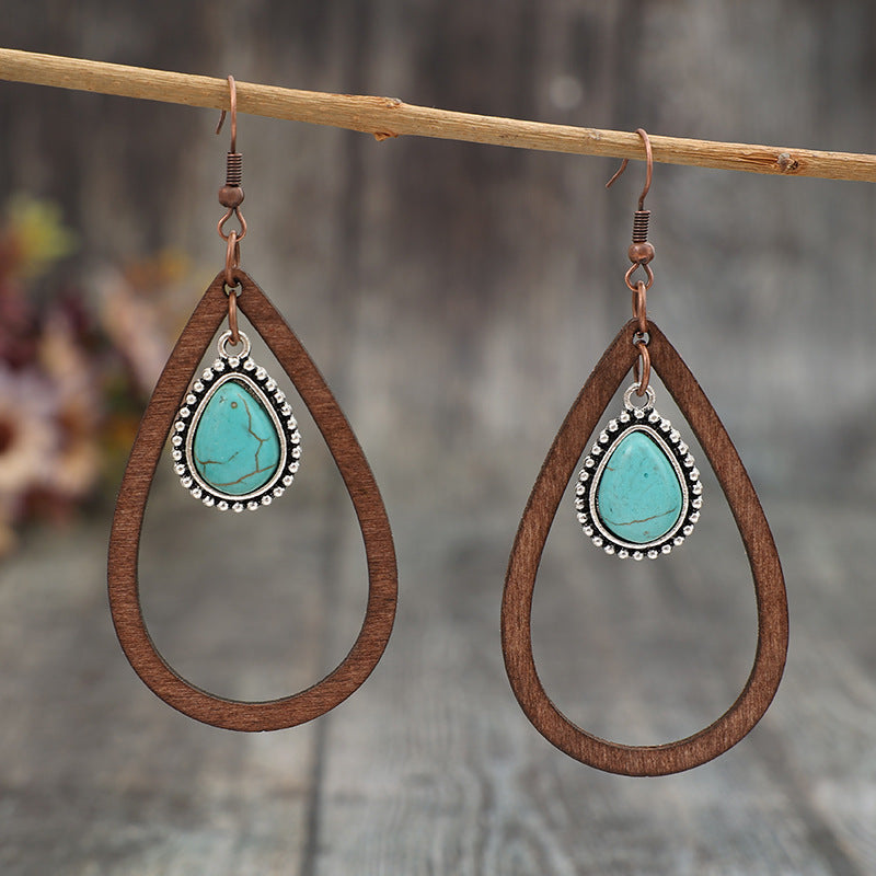 Wooden Turquoise Cutout Teardrop Earrings - Scarlett's Riverside Boutique 