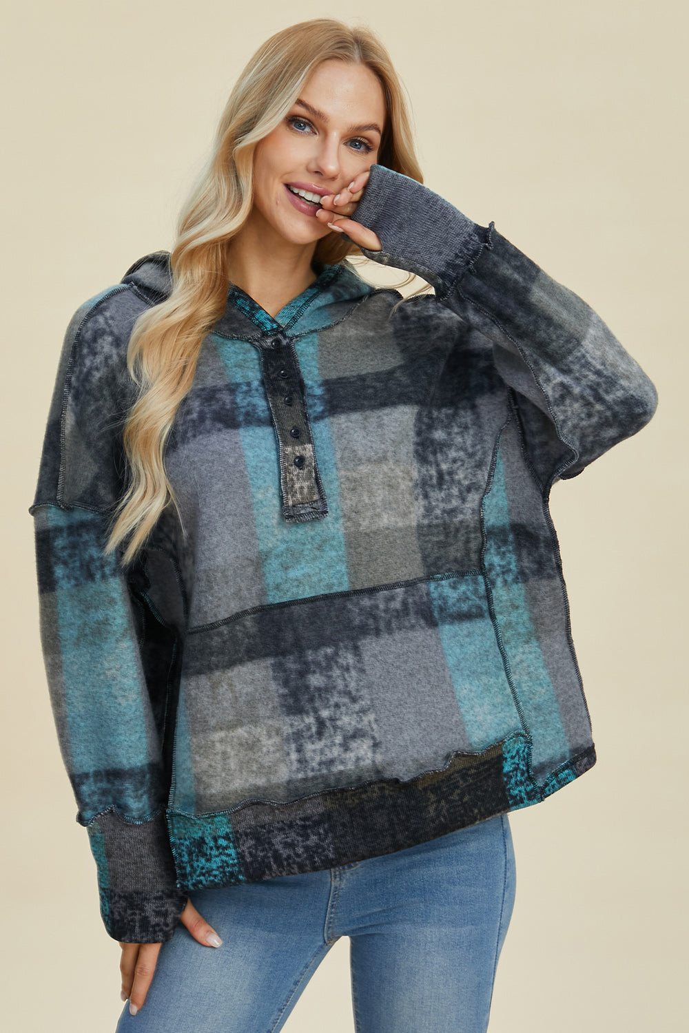 Double Take Full Size Plaid Dropped Shoulder Hoodie - Scarlett's Riverside Boutique 