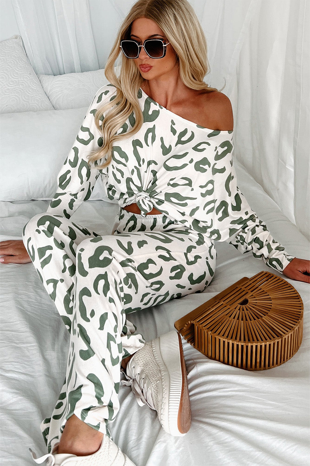 Beige Leopard Animal Print Long Sleeve and Pants Loungewear Set - Scarlett's Riverside Boutique 