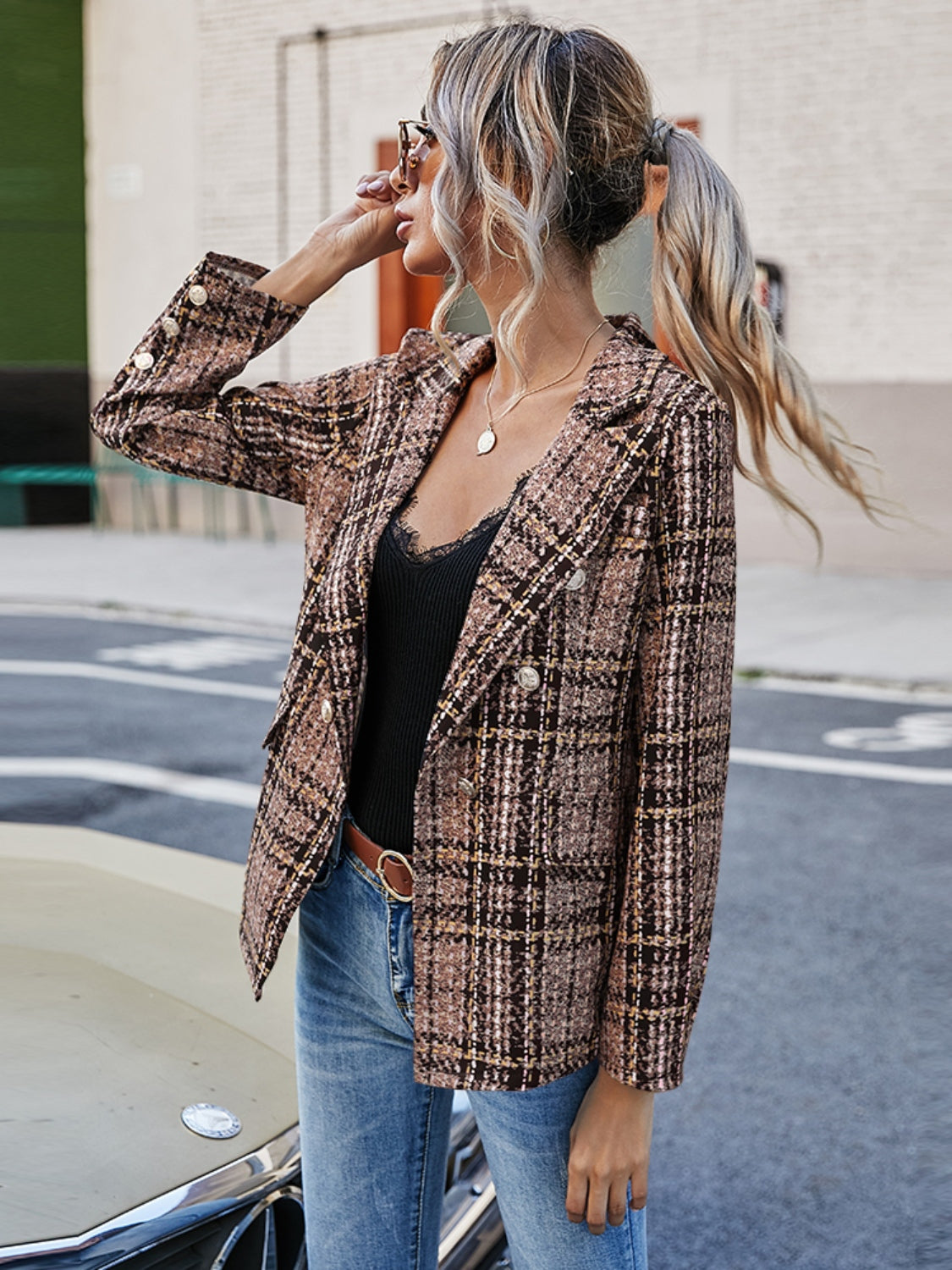 Full Size Plaid Lapel Collar Blazer - Scarlett's Riverside Boutique 