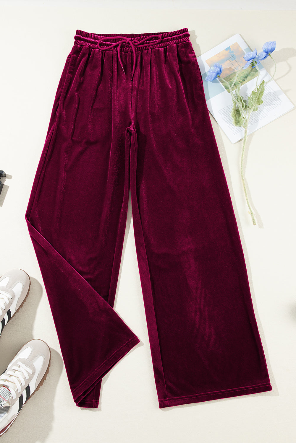 Burgundy Solid Drawstring Waist Wide Leg Pants - Scarlett's Riverside Boutique 