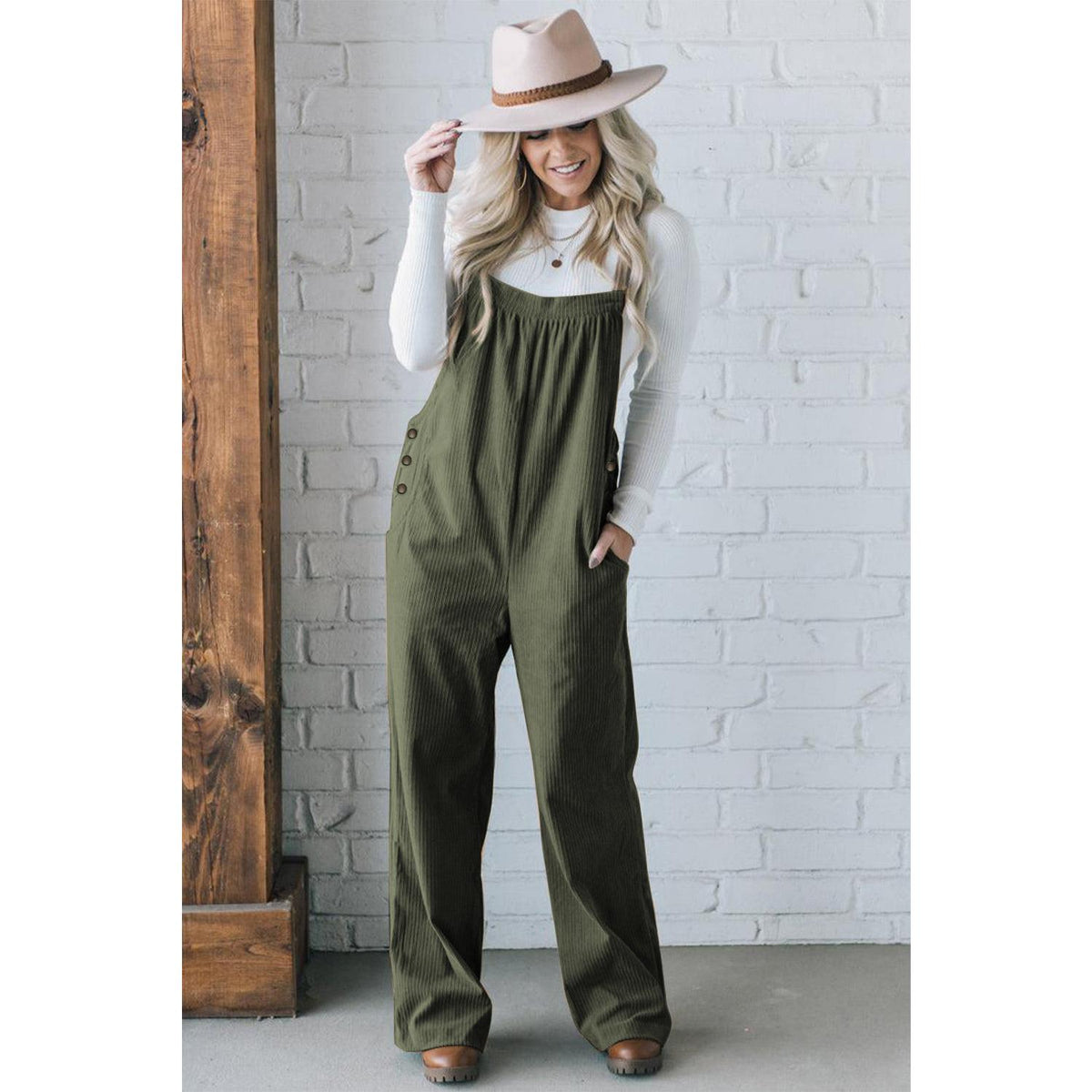 Jungle Green Solid Pocketed Loose Fit Corduroy Overall Bottoms Chic