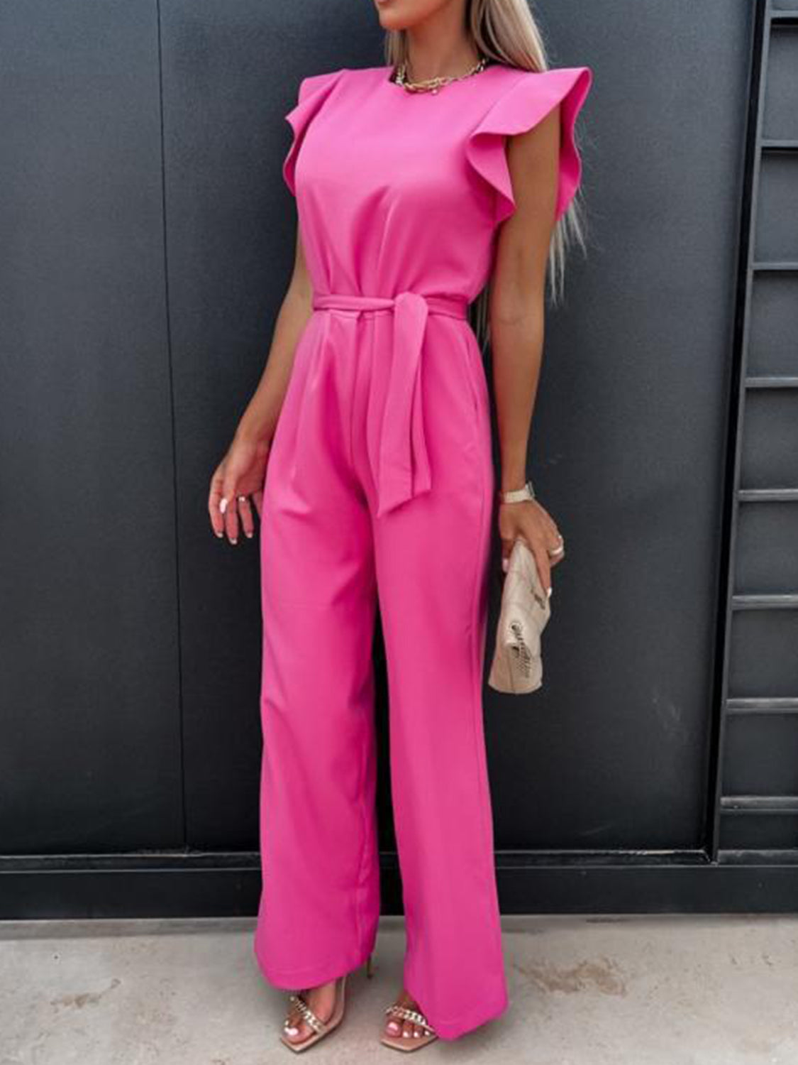 Ruffled Round Neck Cap Sleeve Jumpsuit - Scarlett's Riverside Boutique 