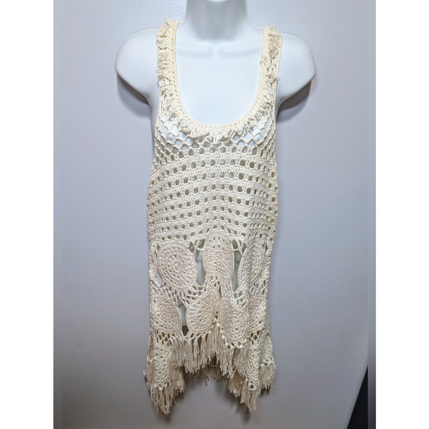 Venus Women’s Cream Crochet Fringe Cover Up Sleeveless Boho Festival Swim Tunic