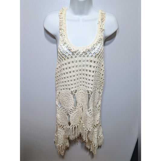Venus Women’s Cream Crochet Fringe Cover Up Sleeveless Boho Festival Swim Tunic
