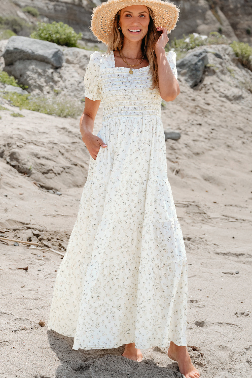 White Frilly Shirred Bodice Tiered Floral Maxi Dress - Scarlett's Riverside Boutique 