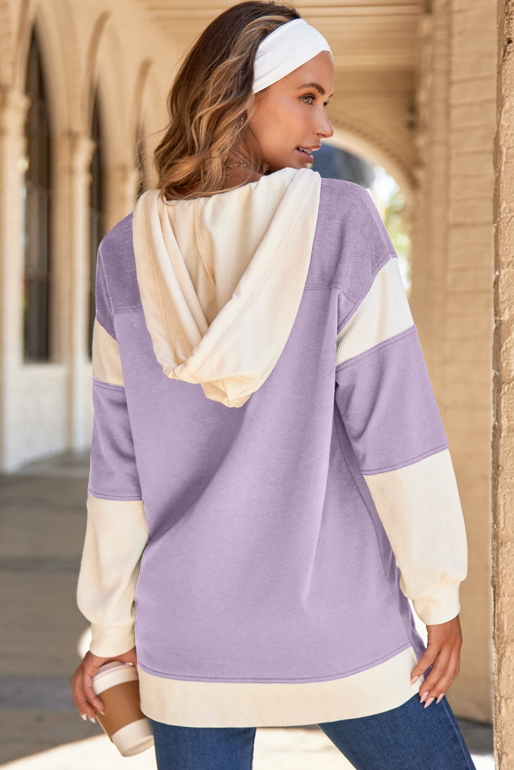 Waffle Contrast Knit Color Block Patchwork Button Front Oversize Hoodie
