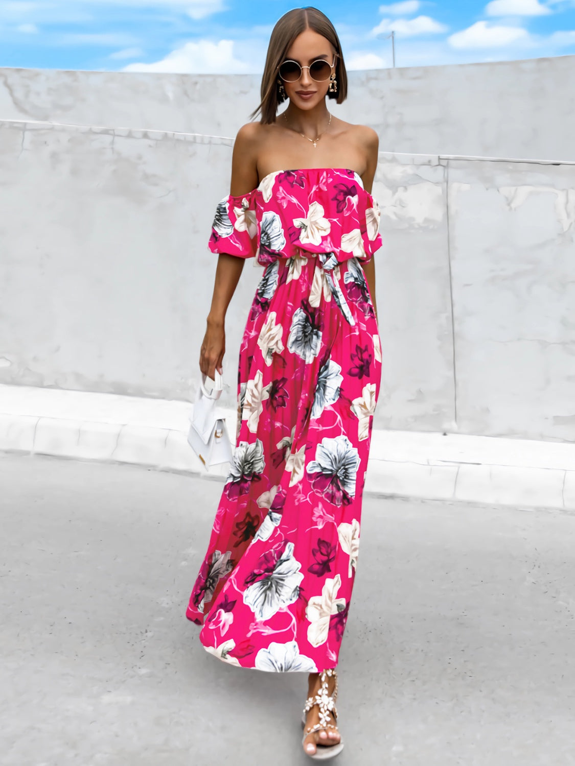 Pleated Floral Off-Shoulder Short Sleeve Midi Dress - Scarlett's Riverside Boutique 