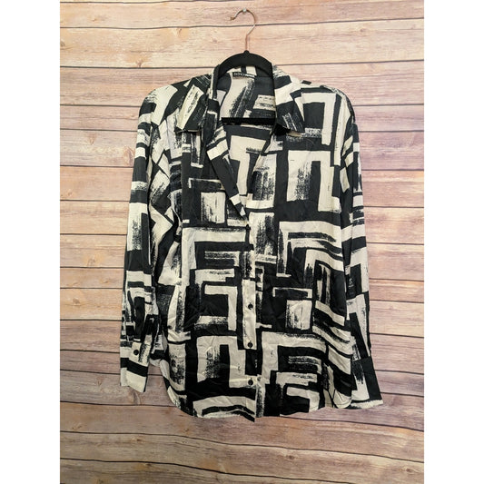 Fashion Nova Women’s XL Black White Abstract Button Front Blouse Geometric Shirt