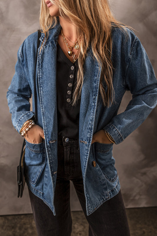 Sail Blue Side Pockets Lapel Collar Denim Jacket - Scarlett's Riverside Boutique 