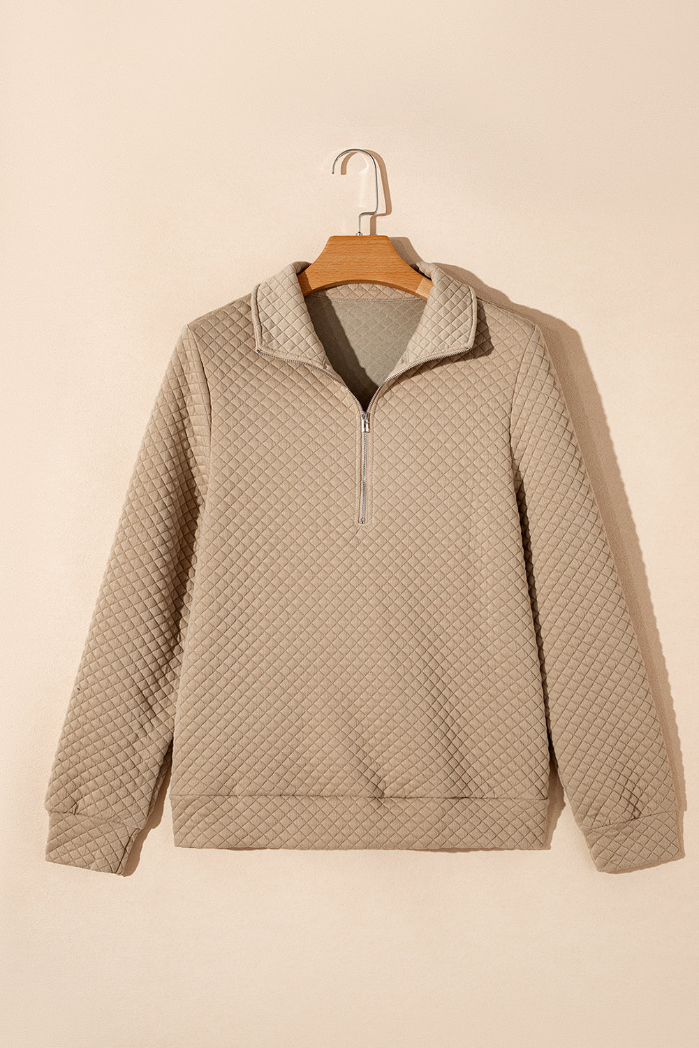 Pale Khaki Solid Half Zipper Quilted Pullover Sweatshirt - Scarlett's Riverside Boutique 