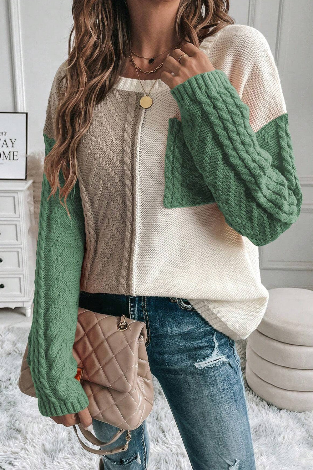 Vineyard Green Colorblock Patched Pocket Drop Shoulder Sweater - Scarlett's Riverside Boutique 