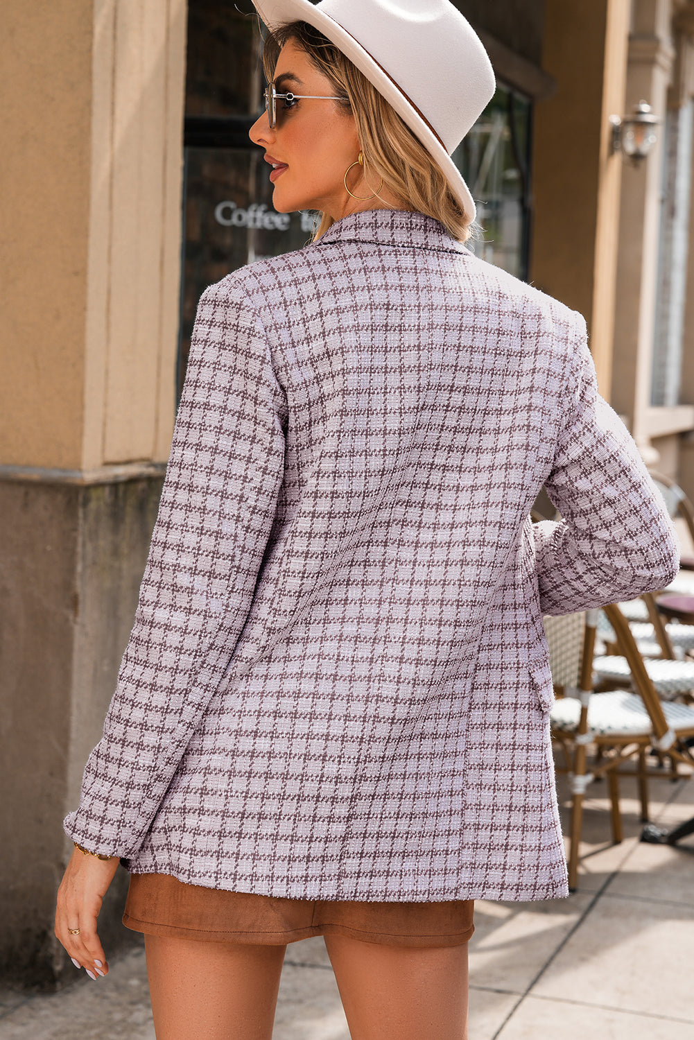 Pink Plaid Tweed Blazer Women’s Double Breasted Gold Button Jacket Chic Office Layer