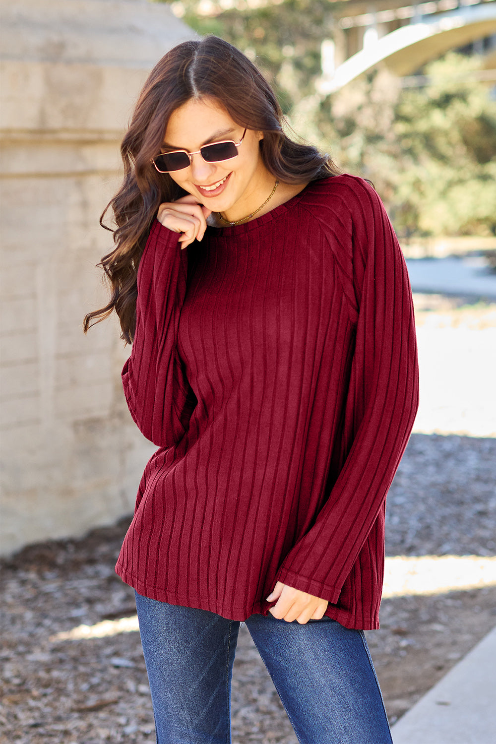 Basic Bae Full Size Ribbed Round Neck Long Sleeve Knit Top - Scarlett's Riverside Boutique 