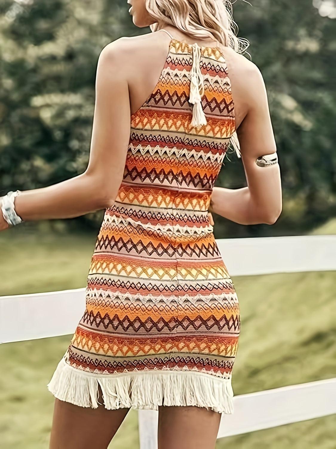 Boho Geometric Halter Mini Dress Fringe Hem Festival Summer Stretch Knit