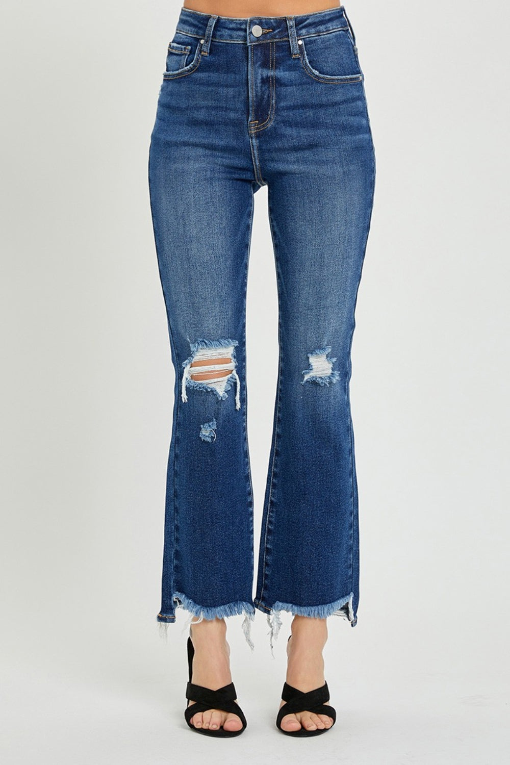 Cropped RISEN jeans. High Rise Distressed Crop Flare Jeans