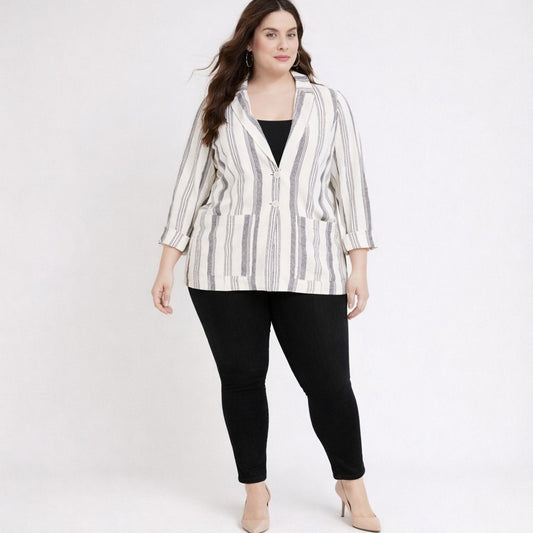 Plus Size Striped Linen Blend Blazer Jacket Neutral Black White Lightweight Open