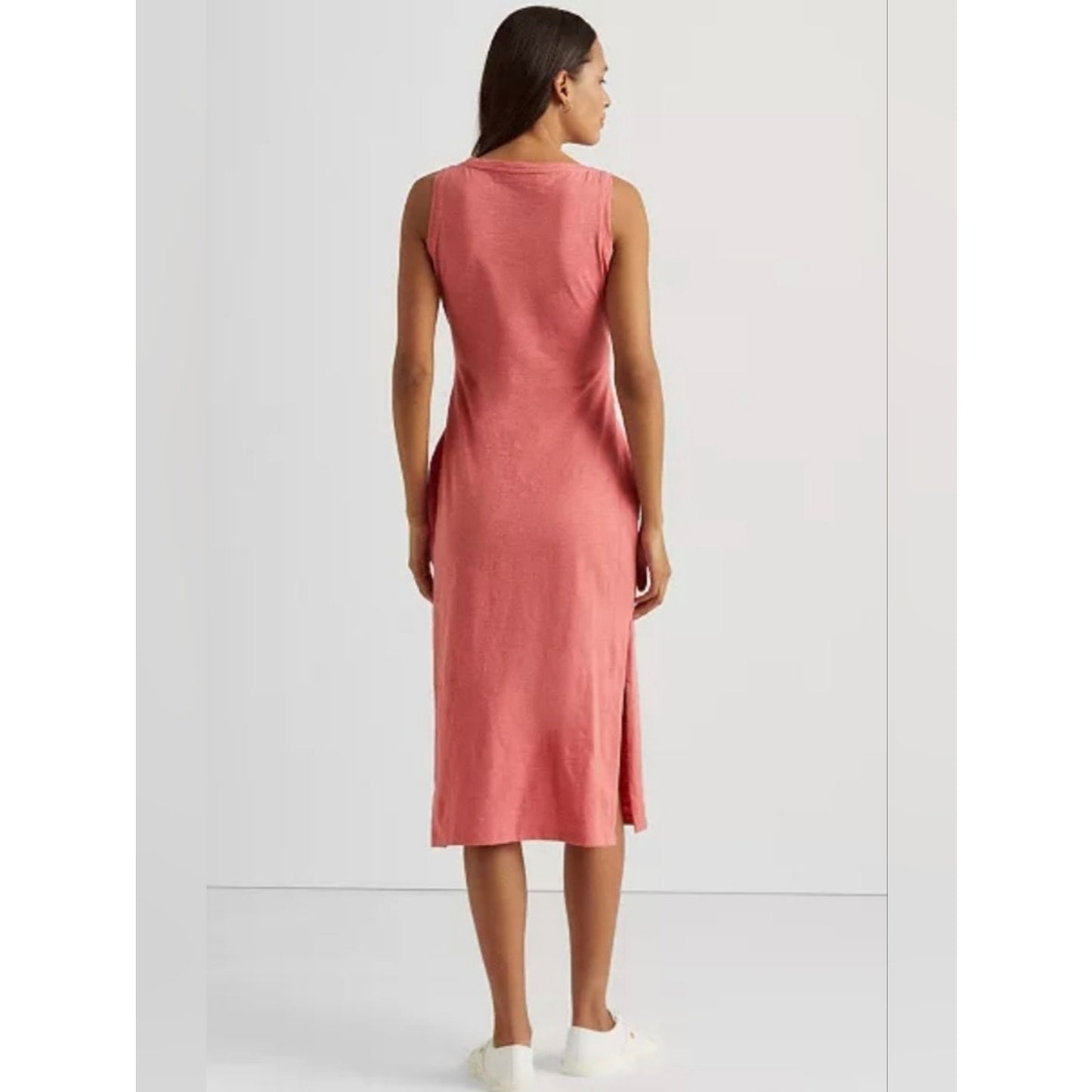 Ralph Lauren Coral Sleeveless Midi Dress Size 8 Tie Waist Side Slit Casual